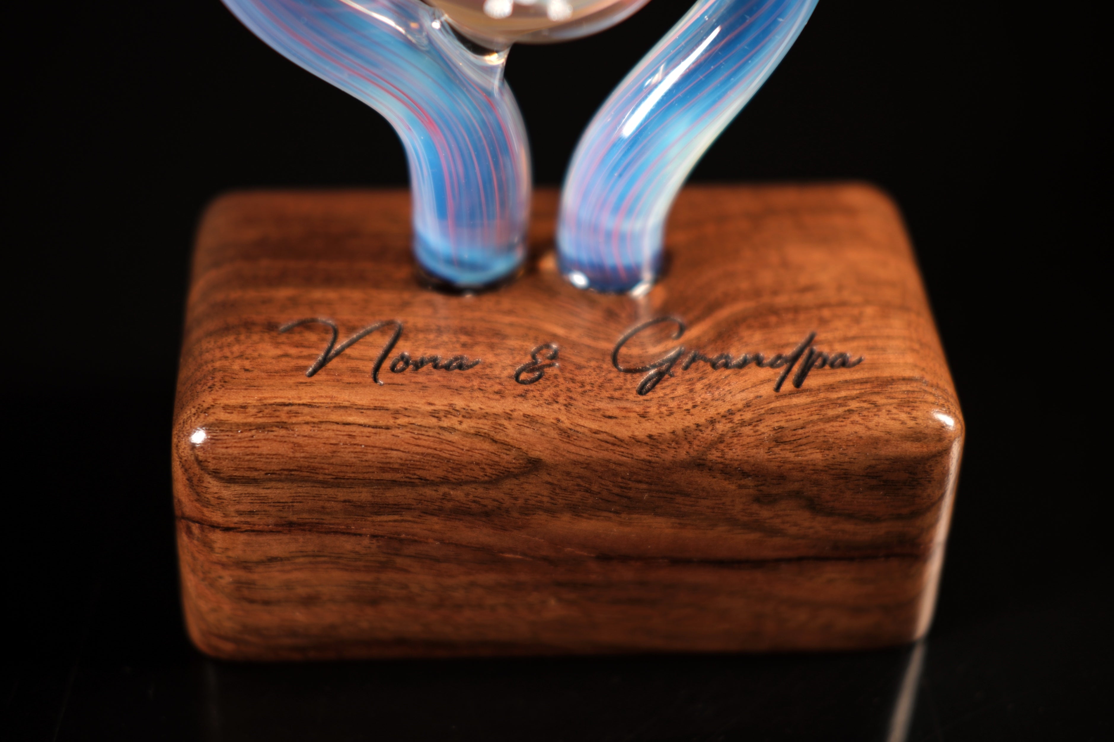Handmade Memorial Glass Sculpture With Ash-Infused Implosion Marble on Walnut Base — Custom Laser Engraved Keepsake