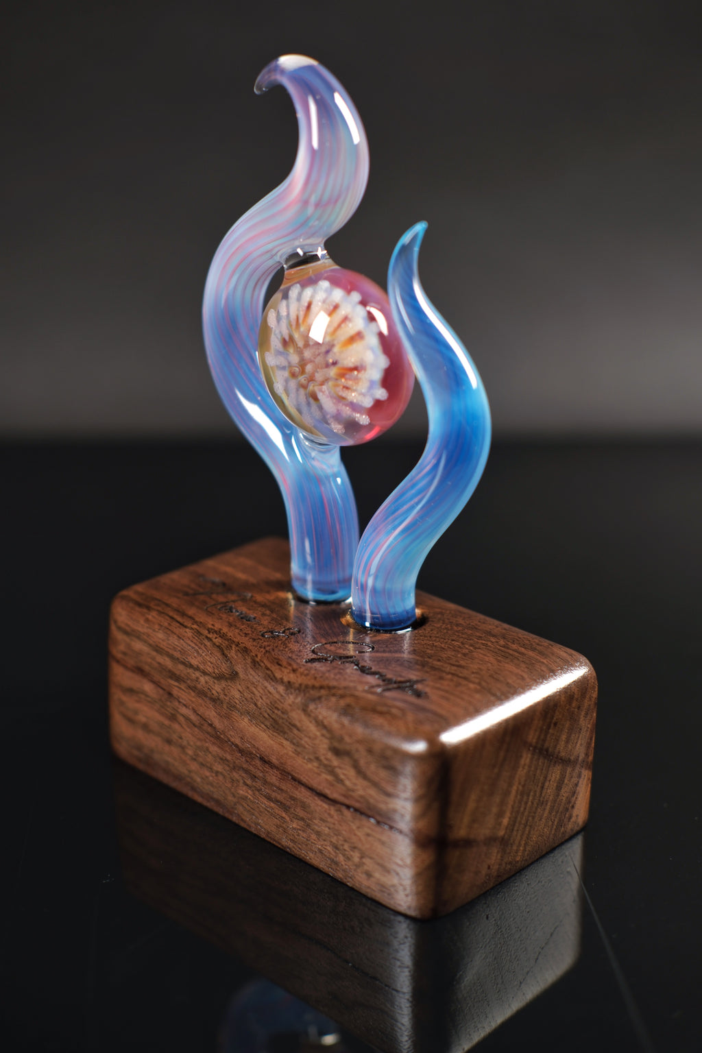 Handmade Memorial Glass Sculpture With Ash-Infused Implosion Marble on Walnut Base — Custom Laser Engraved Keepsake