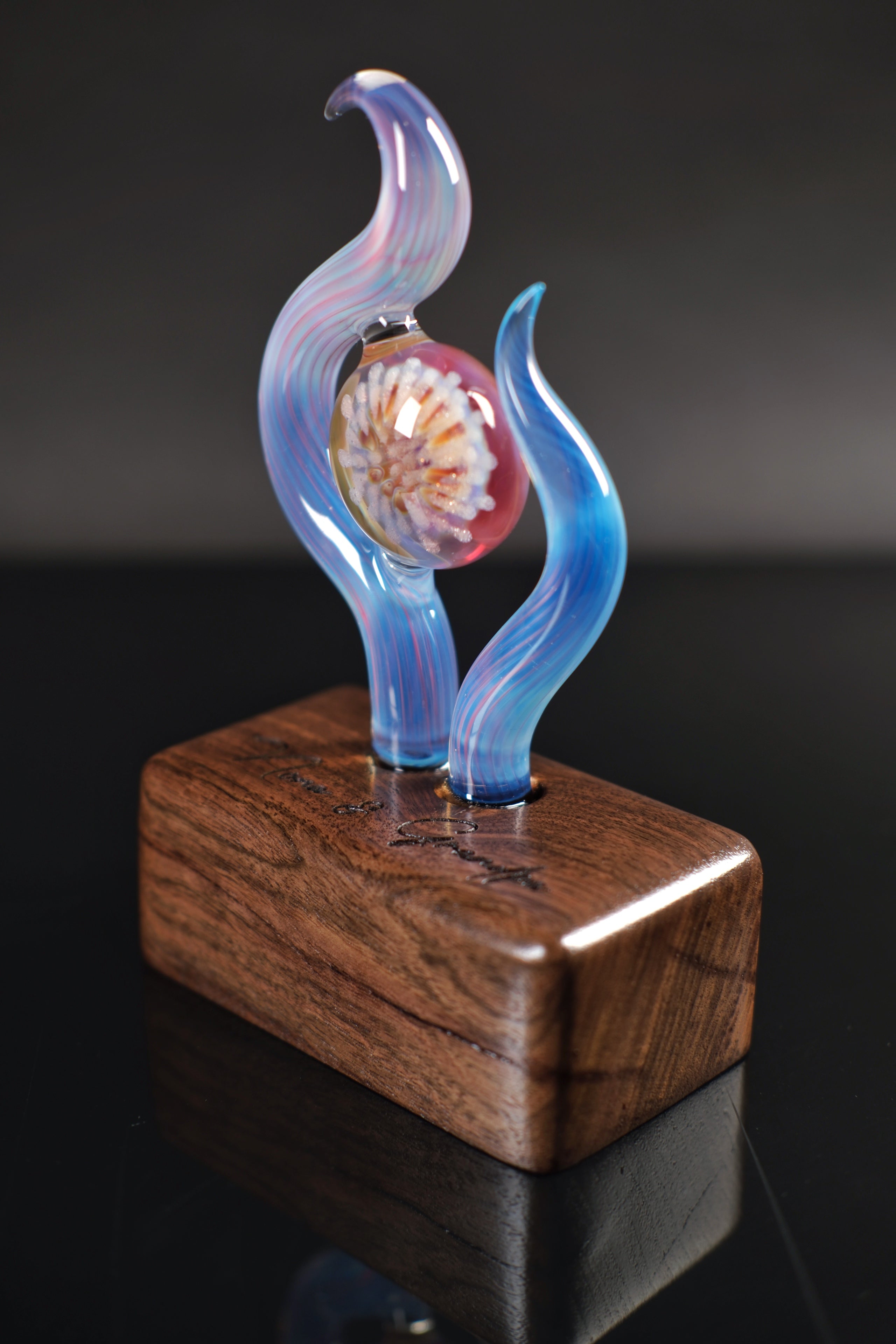 Handmade Memorial Glass Sculpture With Ash-Infused Implosion Marble on Walnut Base — Custom Laser Engraved Keepsake