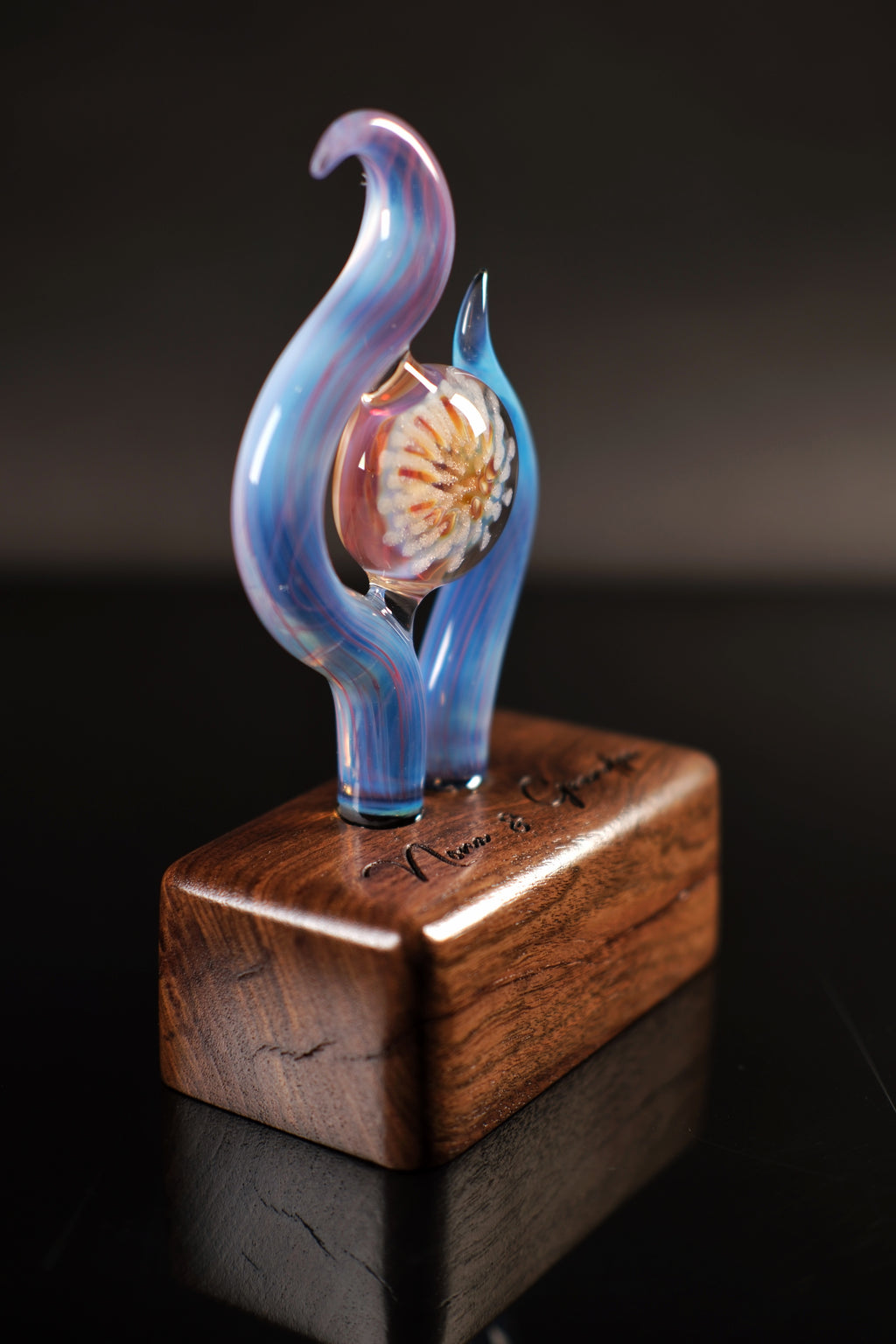 Handmade Memorial Glass Sculpture With Ash-Infused Implosion Marble on Walnut Base — Custom Laser Engraved Keepsake