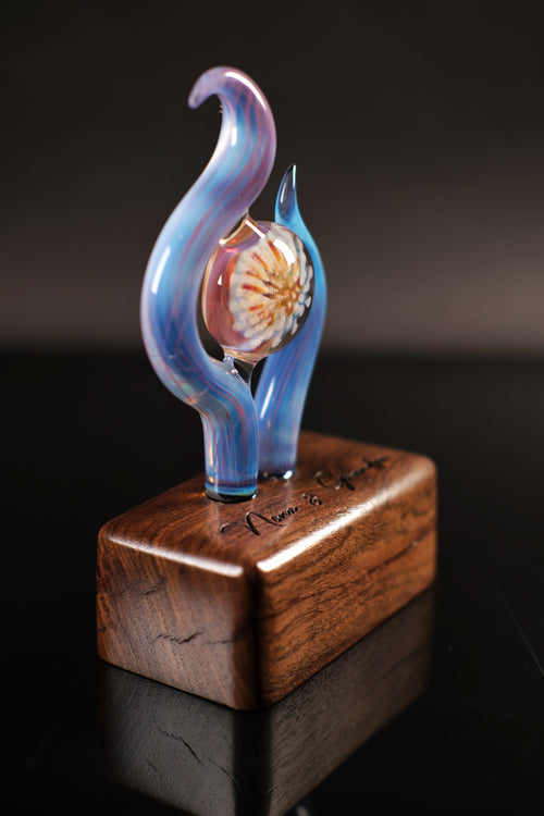 Handmade Memorial Glass Sculpture With Ash-Infused Implosion Marble on Walnut Base — Custom Laser Engraved Keepsake