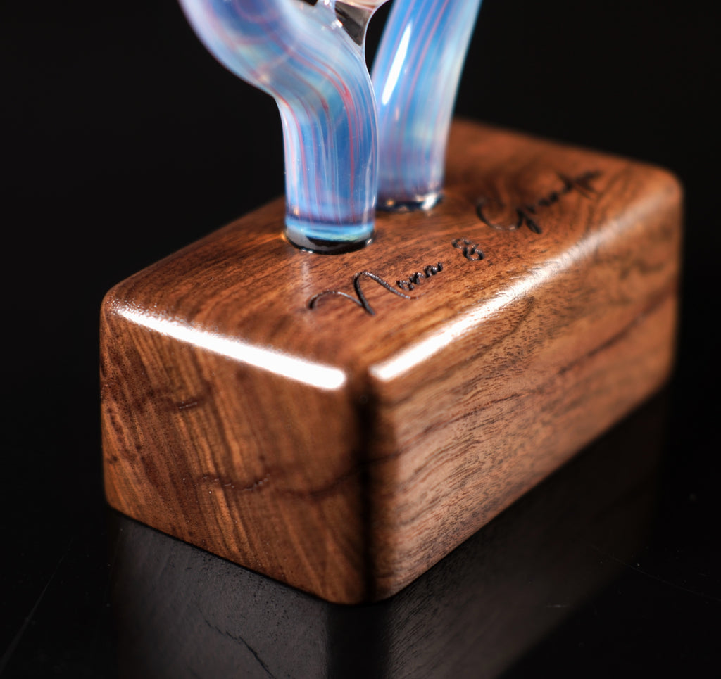 Handmade Memorial Glass Sculpture With Ash-Infused Implosion Marble on Walnut Base — Custom Laser Engraved Keepsake