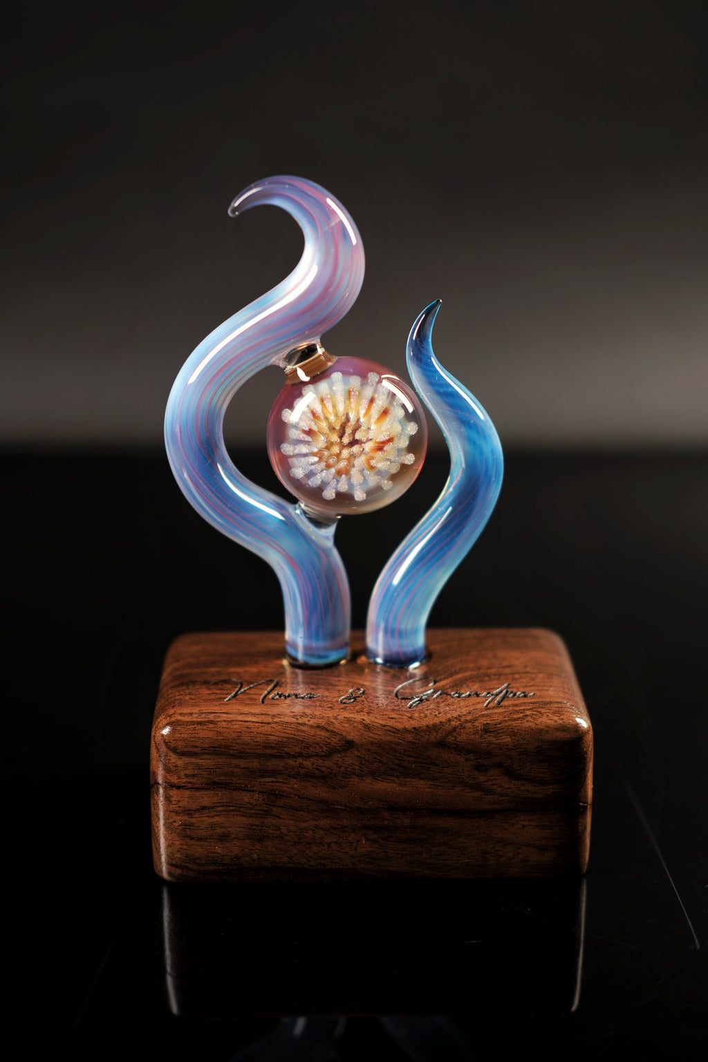 Handmade Memorial Glass Sculpture With Ash-Infused Implosion Marble on Walnut Base — Custom Laser Engraved Keepsake