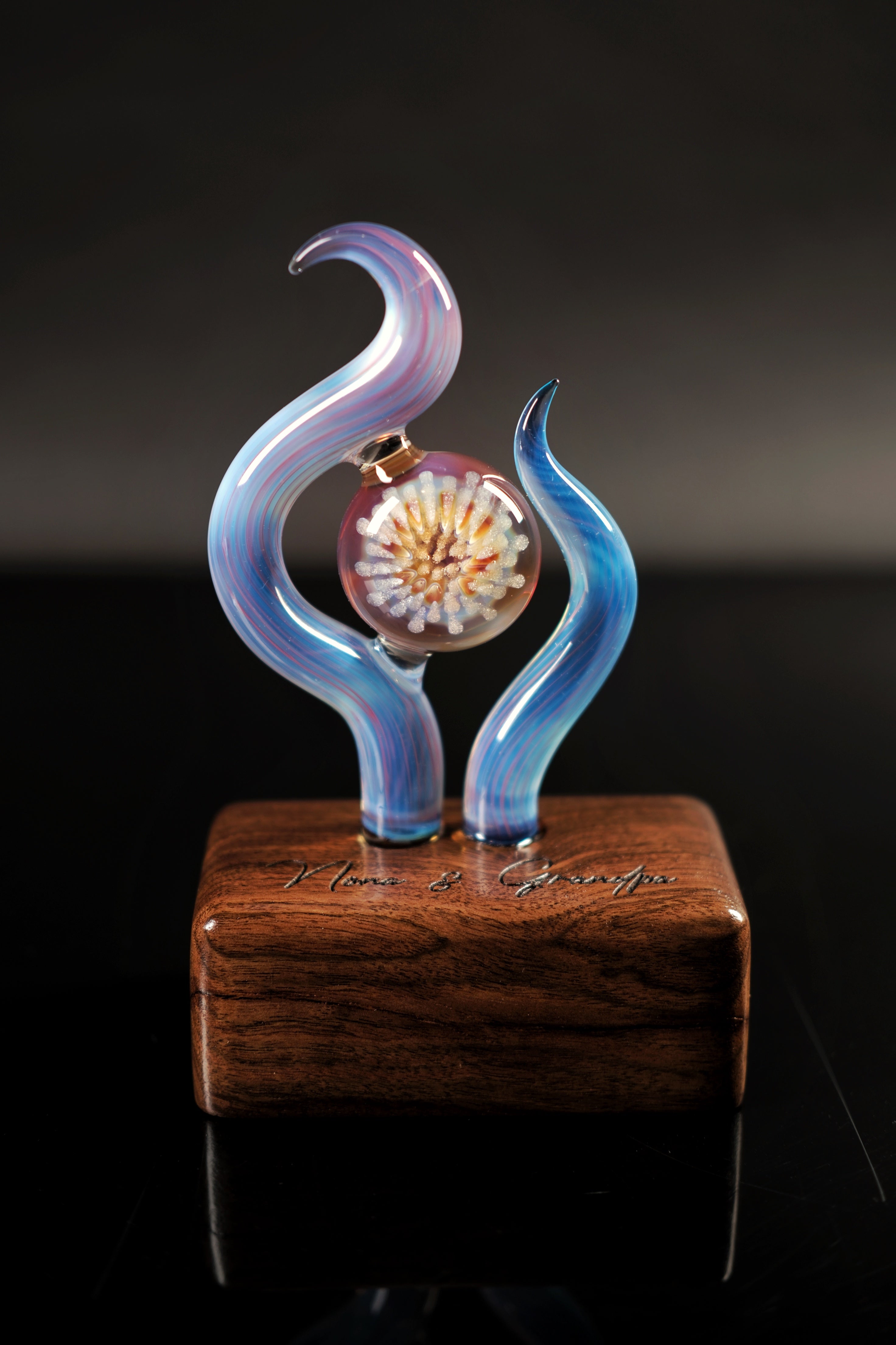Handmade Memorial Glass Sculpture With Ash-Infused Implosion Marble on Walnut Base — Custom Laser Engraved Keepsake