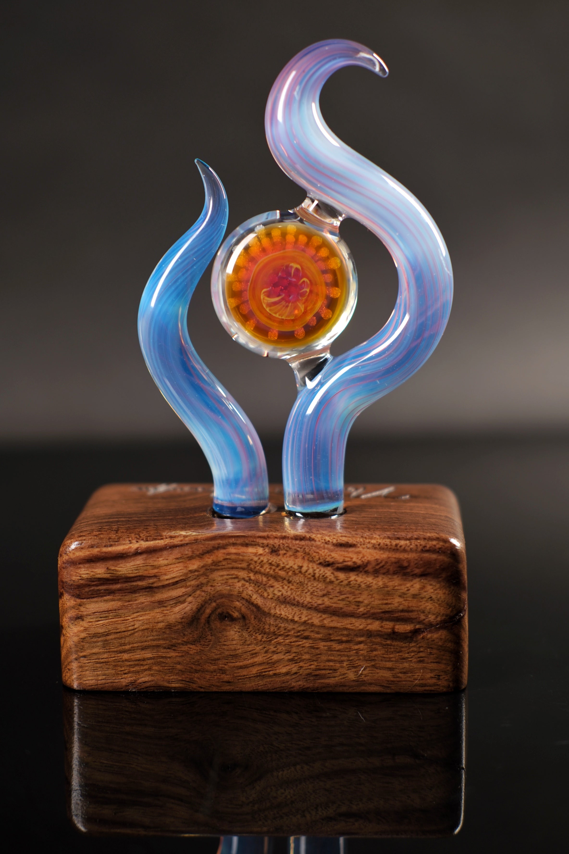 Handmade Memorial Glass Sculpture With Ash-Infused Implosion Marble on Walnut Base — Custom Laser Engraved Keepsake